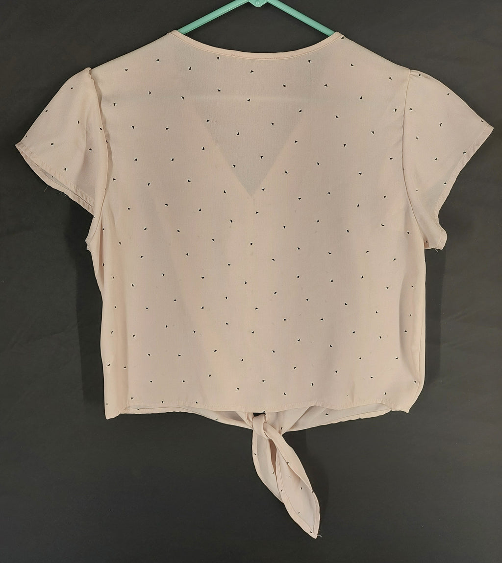 8-36 Unbrand Large Blush Pink Black Print Tie Front Button Flutter Sleeve Blouse