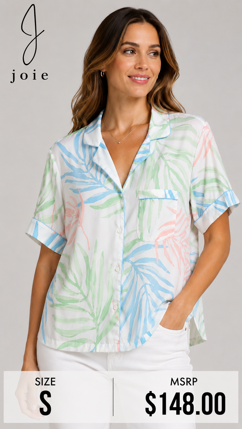 6 36 Joie Pajama Style Tropical Print Button Front Blouse Size S
