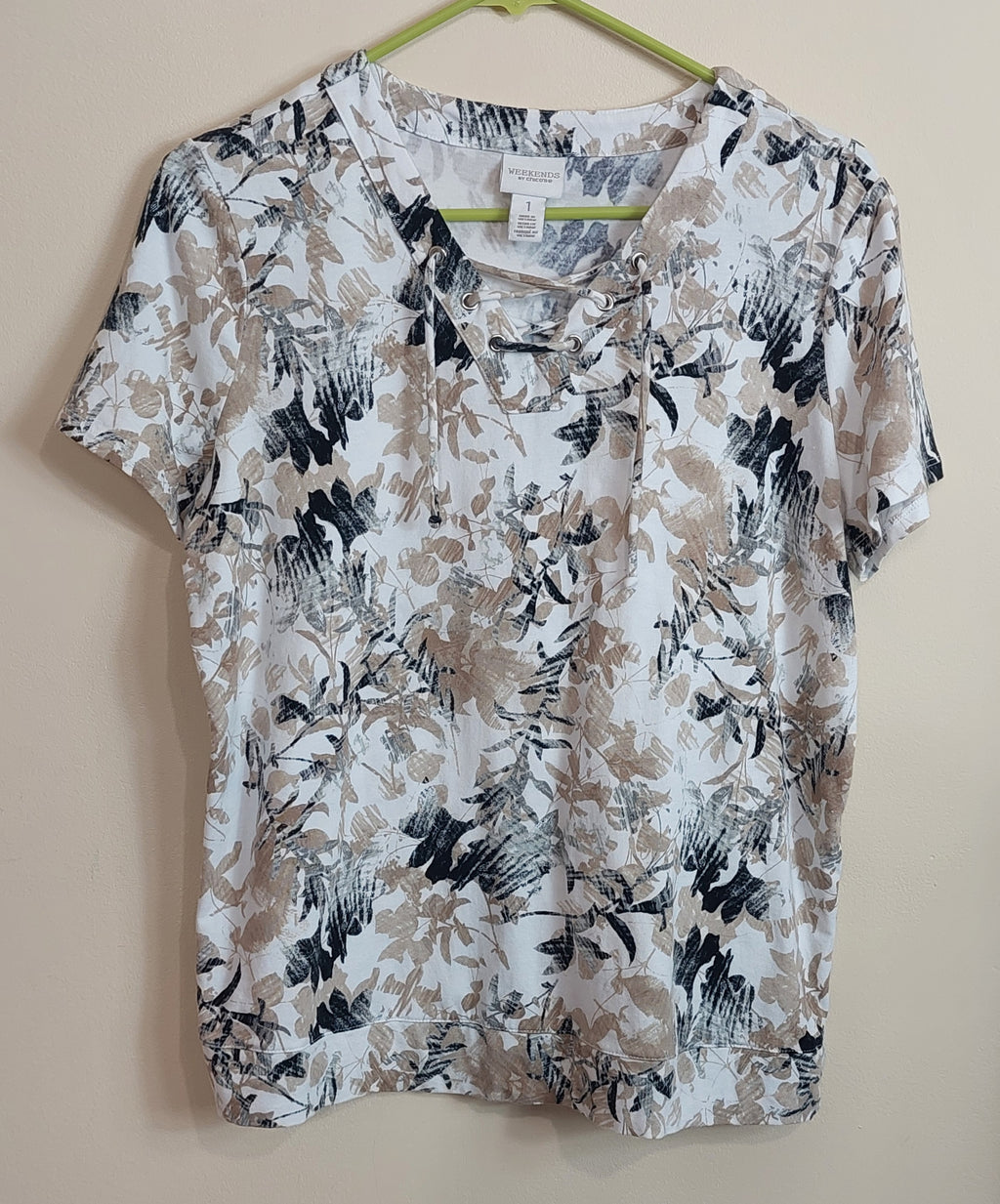 3 03Weekends By Chicos 1 Top Ivory Beige Black Floral Lace Up Neckline Casual Weekend Style