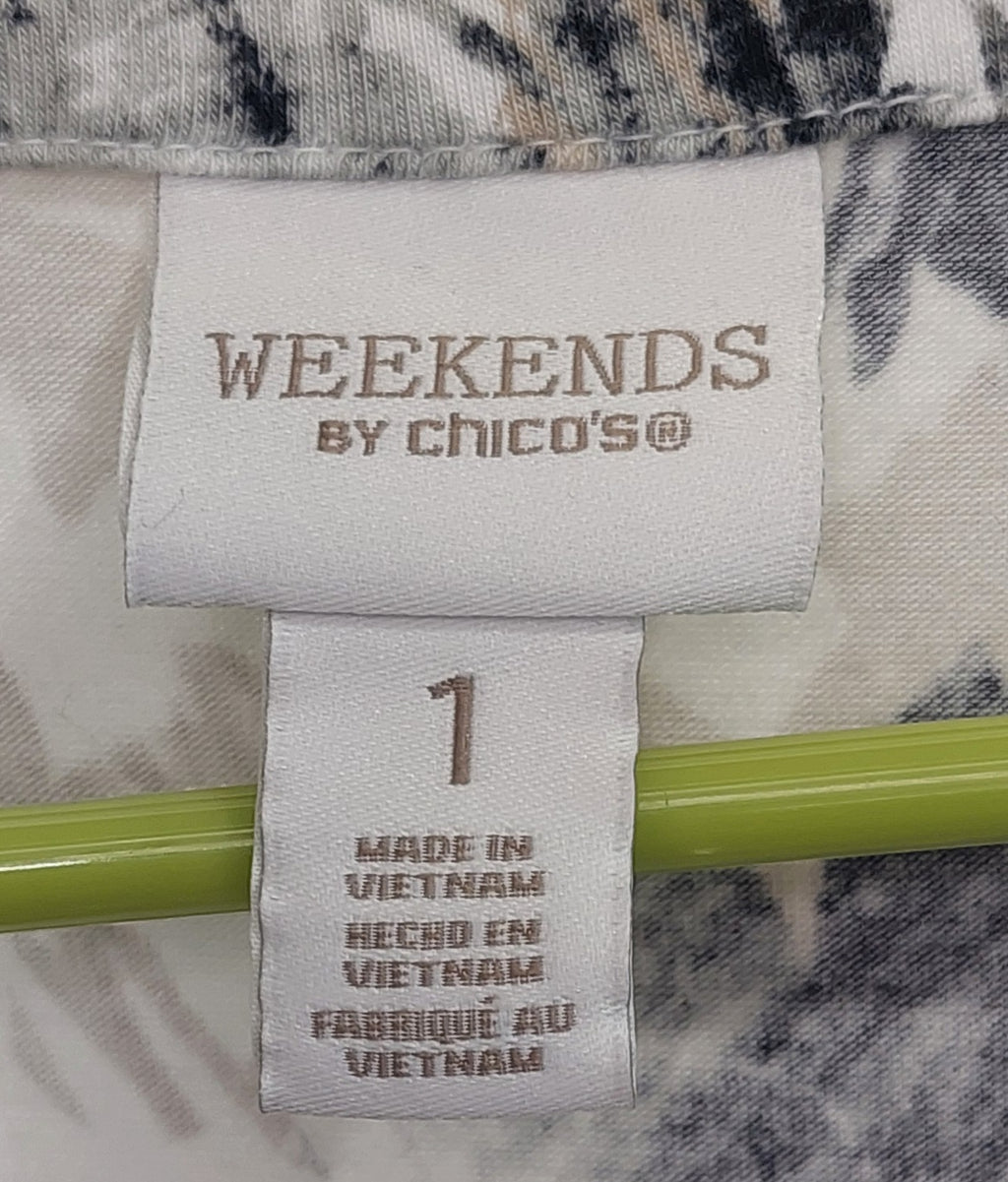 3 03Weekends By Chicos 1 Top Ivory Beige Black Floral Lace Up Neckline Casual Weekend Style