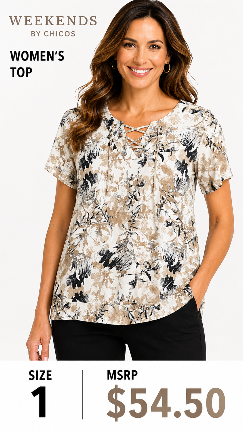 3 03Weekends By Chicos 1 Top Ivory Beige Black Floral Lace Up Neckline Casual Weekend Style