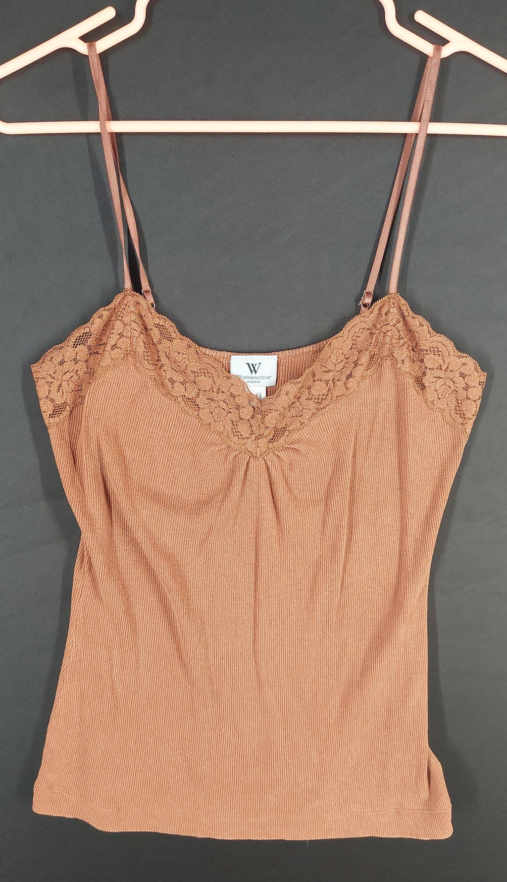 8-37 Worthington Size M Brown Lace Trim Stretch Ribbed Cami Tank Top Adjustable Strap