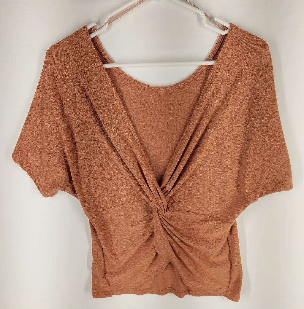 9-37 Chandala Size S Twist Front Dolman Sleeve Top Rust Brown Draped Stretch