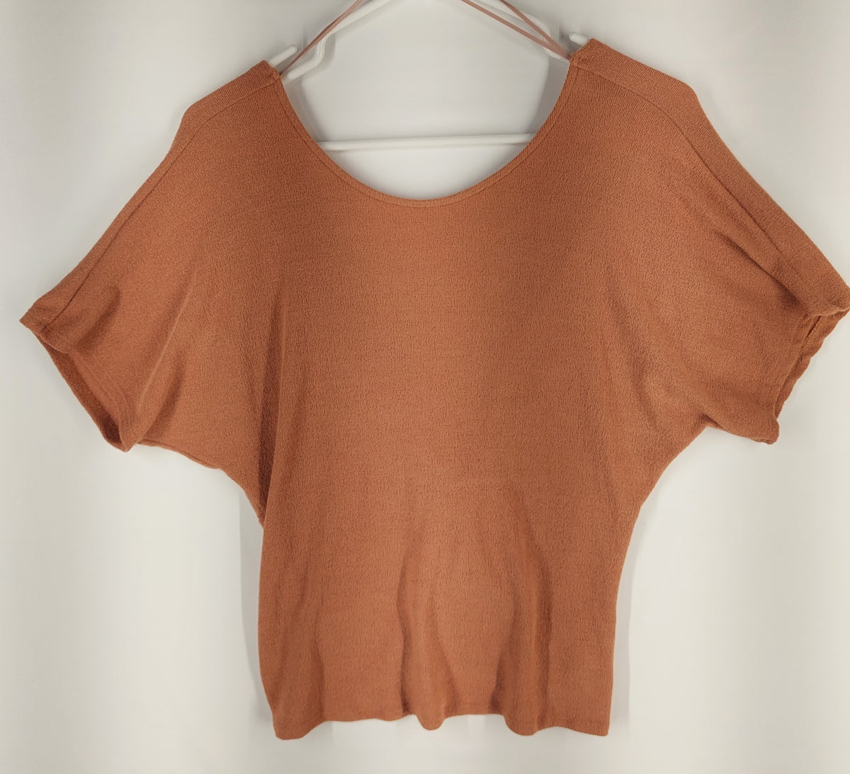 9-37 Chandala Size S Twist Front Dolman Sleeve Top Rust Brown Draped Stretch