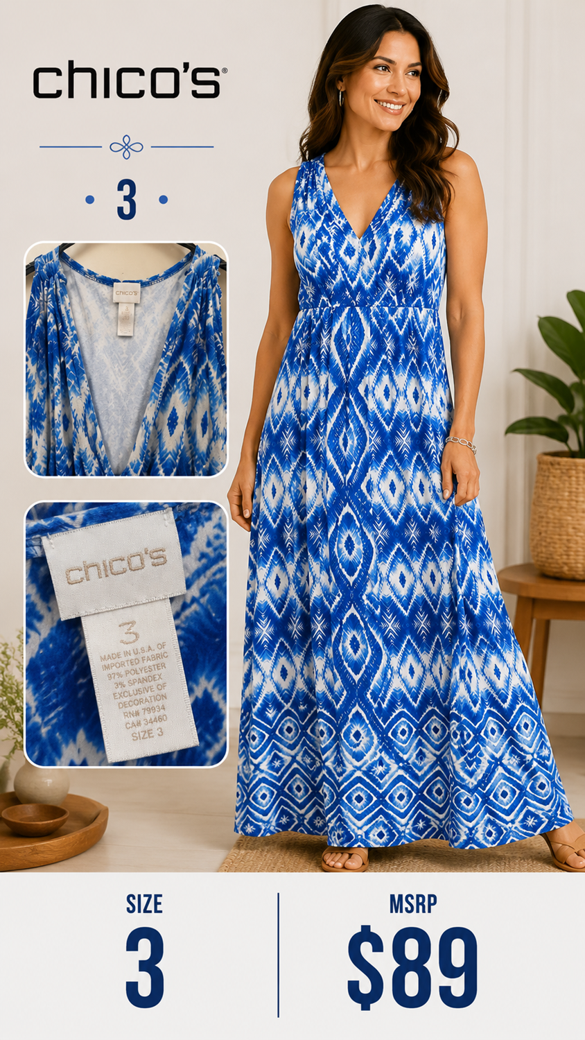 4 41 Chicos 3 Blue White Geometric Print Maxi Dress