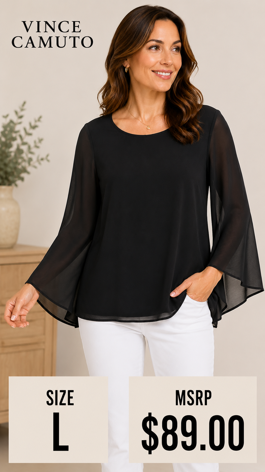 5 37 Vince Camuto Black Bell Sleeve Blouse Large