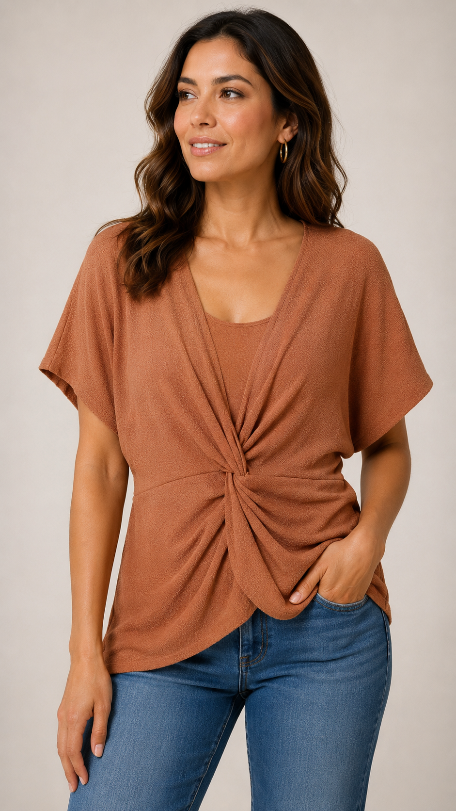 9-37 Chandala Size S Twist Front Dolman Sleeve Top Rust Brown Draped Stretch