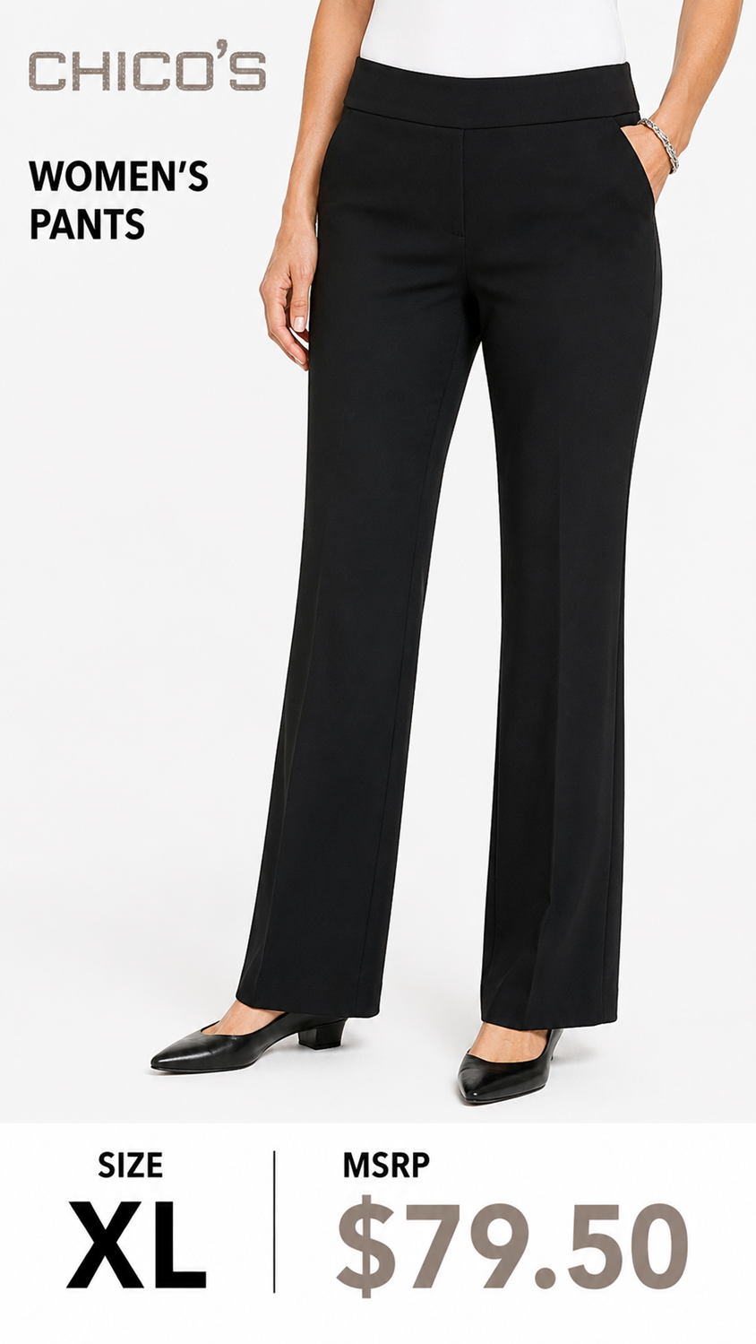 3 21 Chicos 0.5 Short Dress Pants Black Straight Leg Stretch Classic Wardrobe Essential