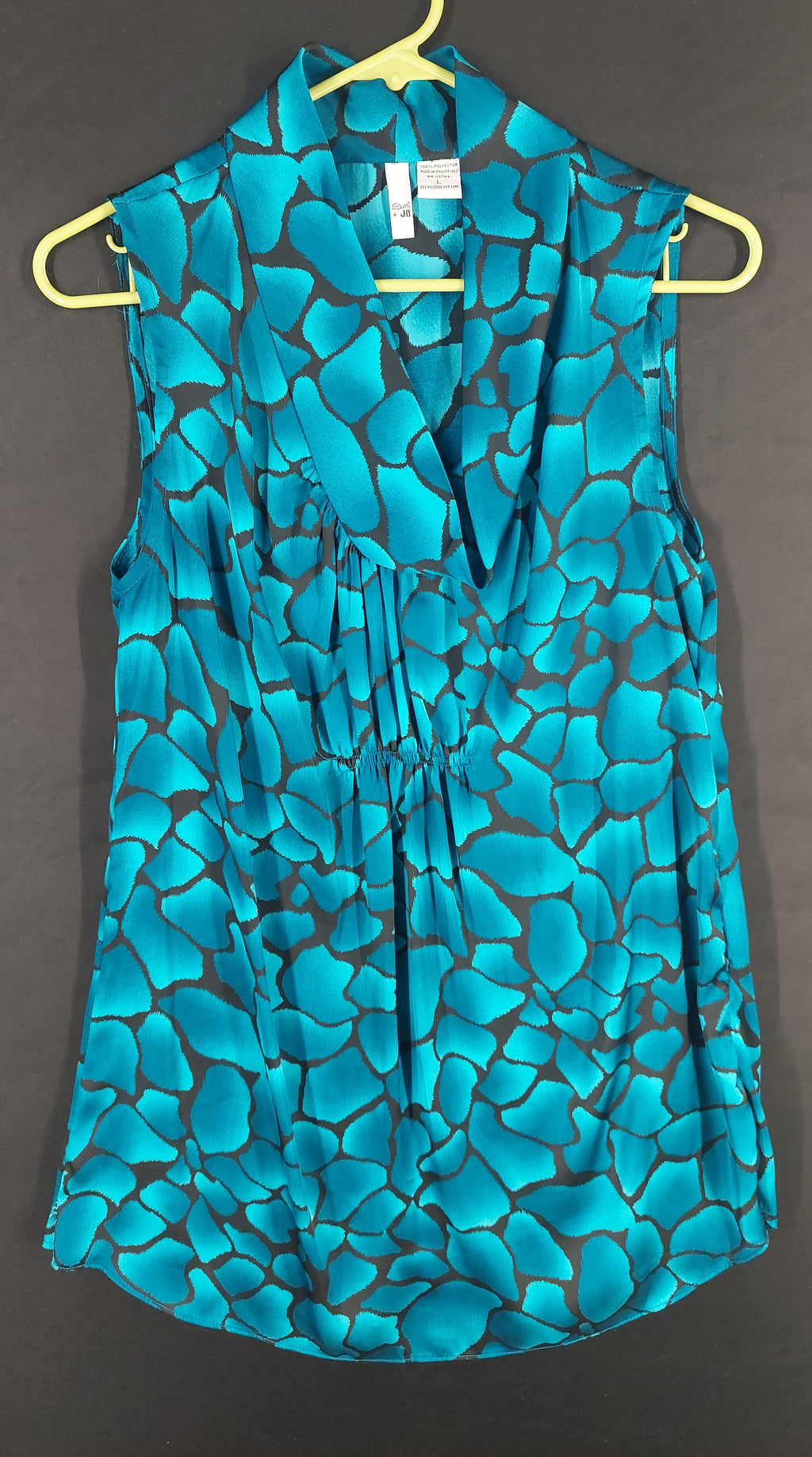 8-38 Susan + Joy Size L Teal Black Floral Sleeveless Cowl Neck Blouse Top