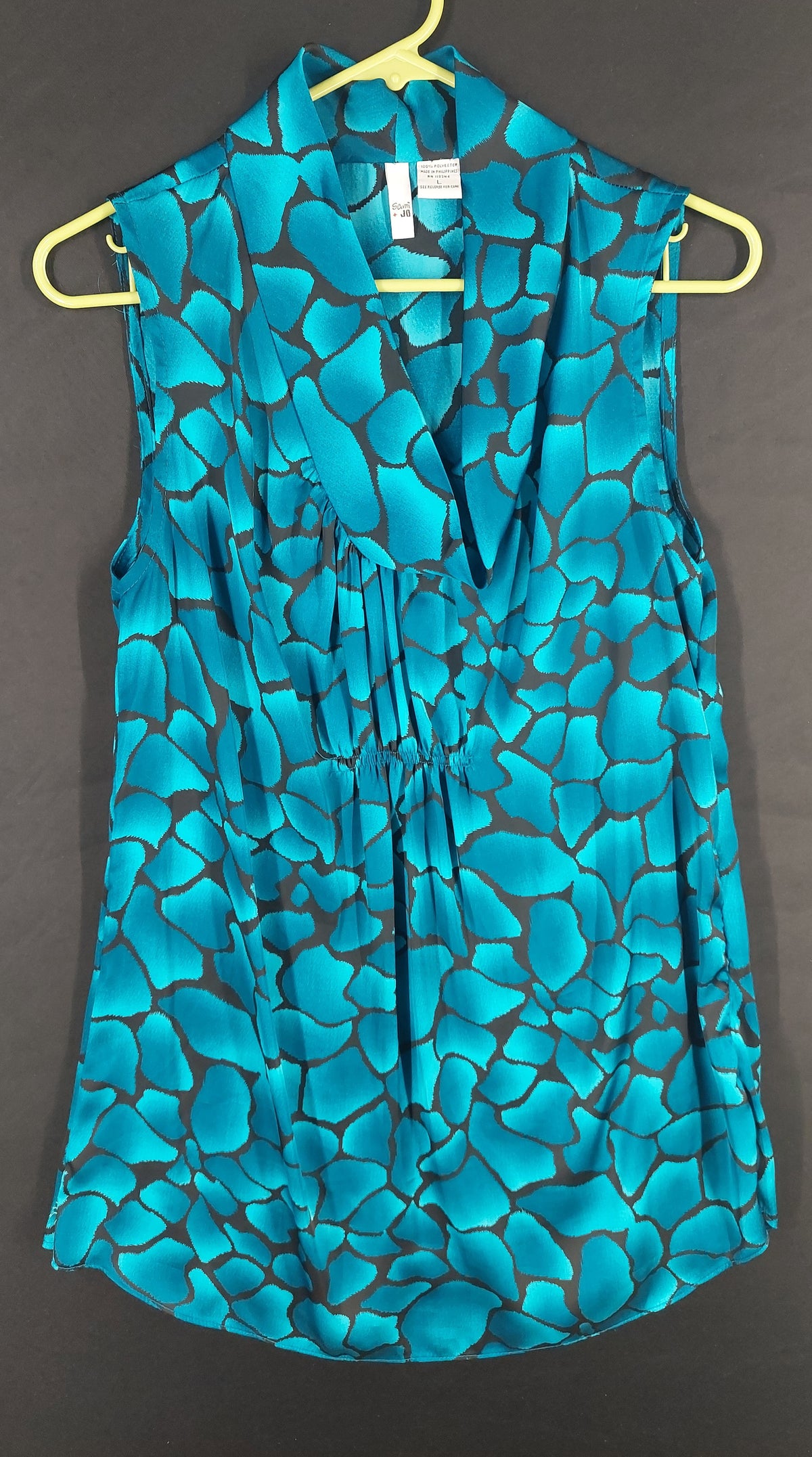 8-38 Susan + Joy Size L Teal Black Floral Sleeveless Cowl Neck Blouse Top