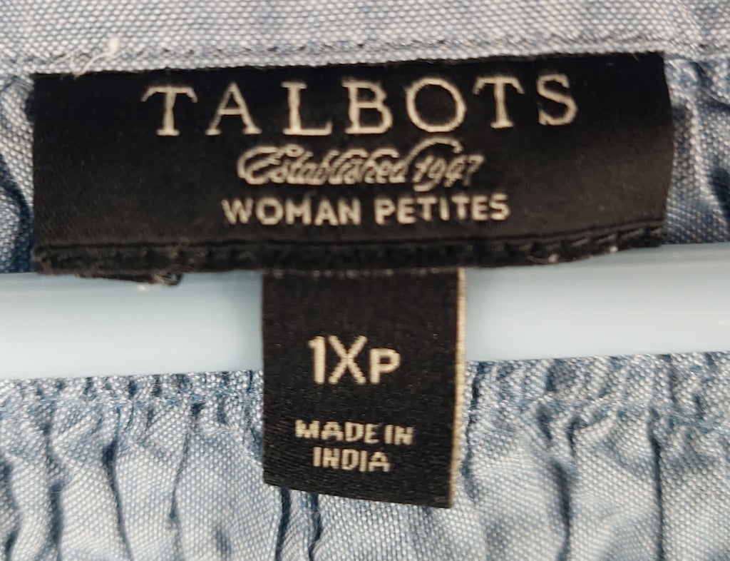 9-38 Talbots Woman Petites 1XP Blue Chambray Cotton Smocked Button Blouse Top
