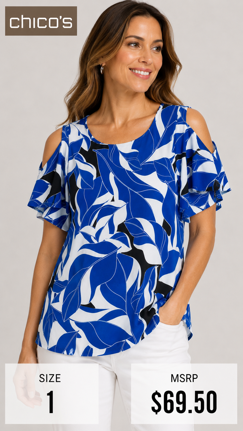 6 38 Chicos Blue White Leaf Print Cold Shoulder Top Womens Size 1