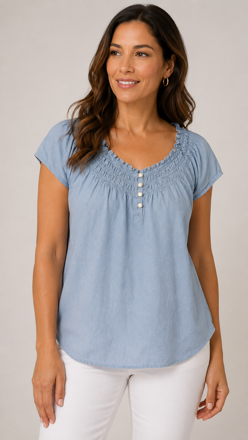 9-38 Talbots Woman Petites 1XP Blue Chambray Cotton Smocked Button Blouse Top