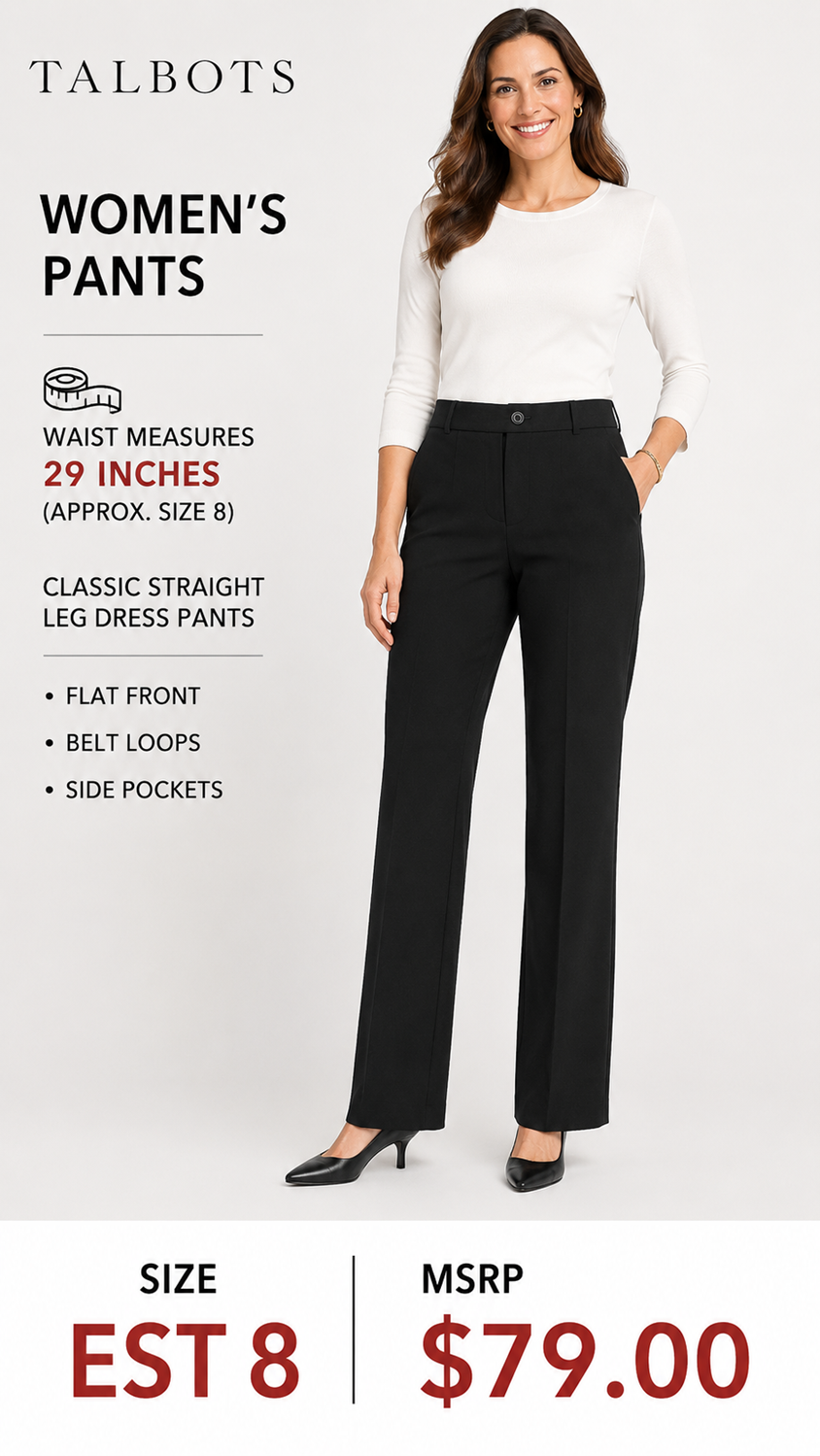 3 06 Talbots Size 8 Estimated Black Dress Pants Straight Leg Classic Career Essential