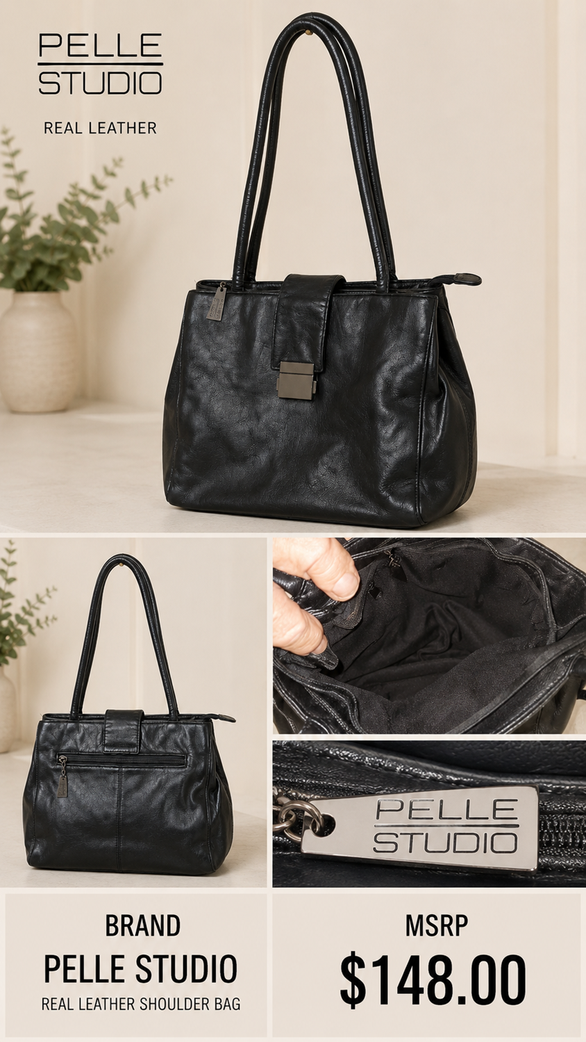 5 39 Pelle Studio Black Leather Shoulder Tote Bag