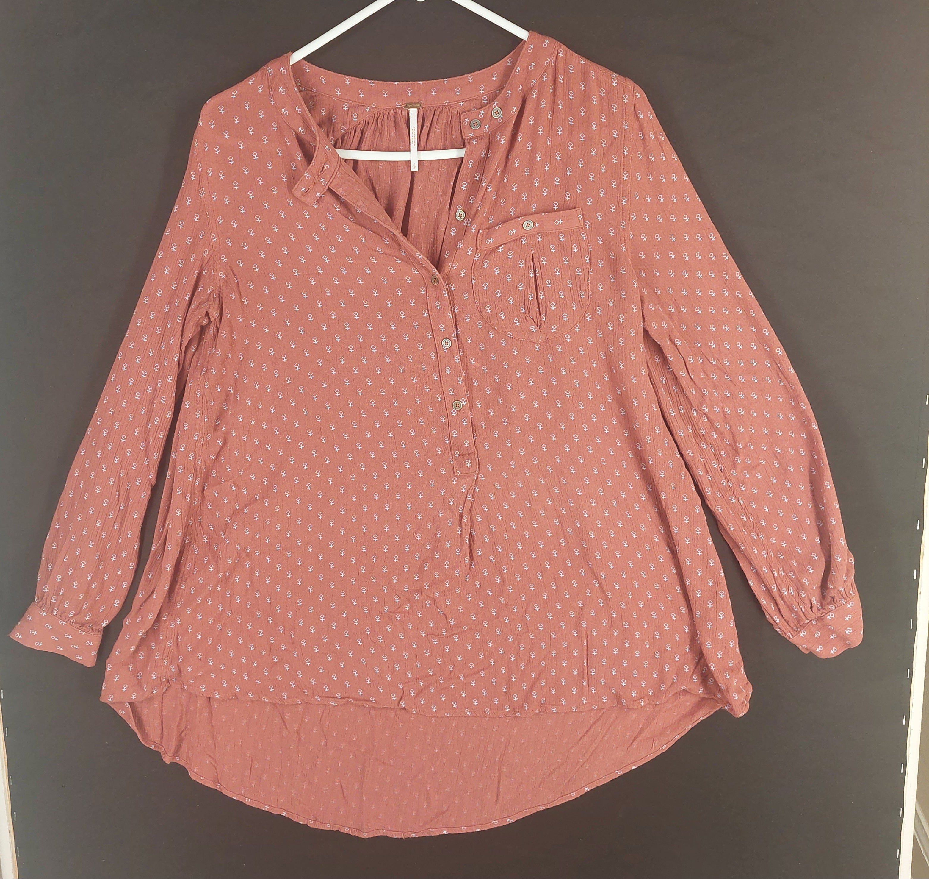 9-03 Free People Size S Rust Print Long Sleeve Button Front Boho Blouse Top