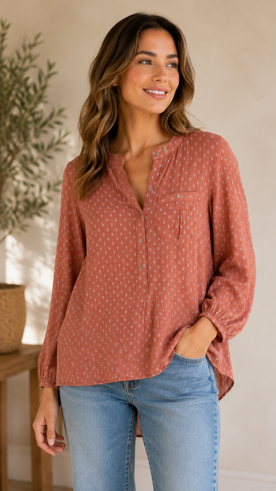 9-03 Free People Size S Rust Print Long Sleeve Button Front Boho Blouse Top