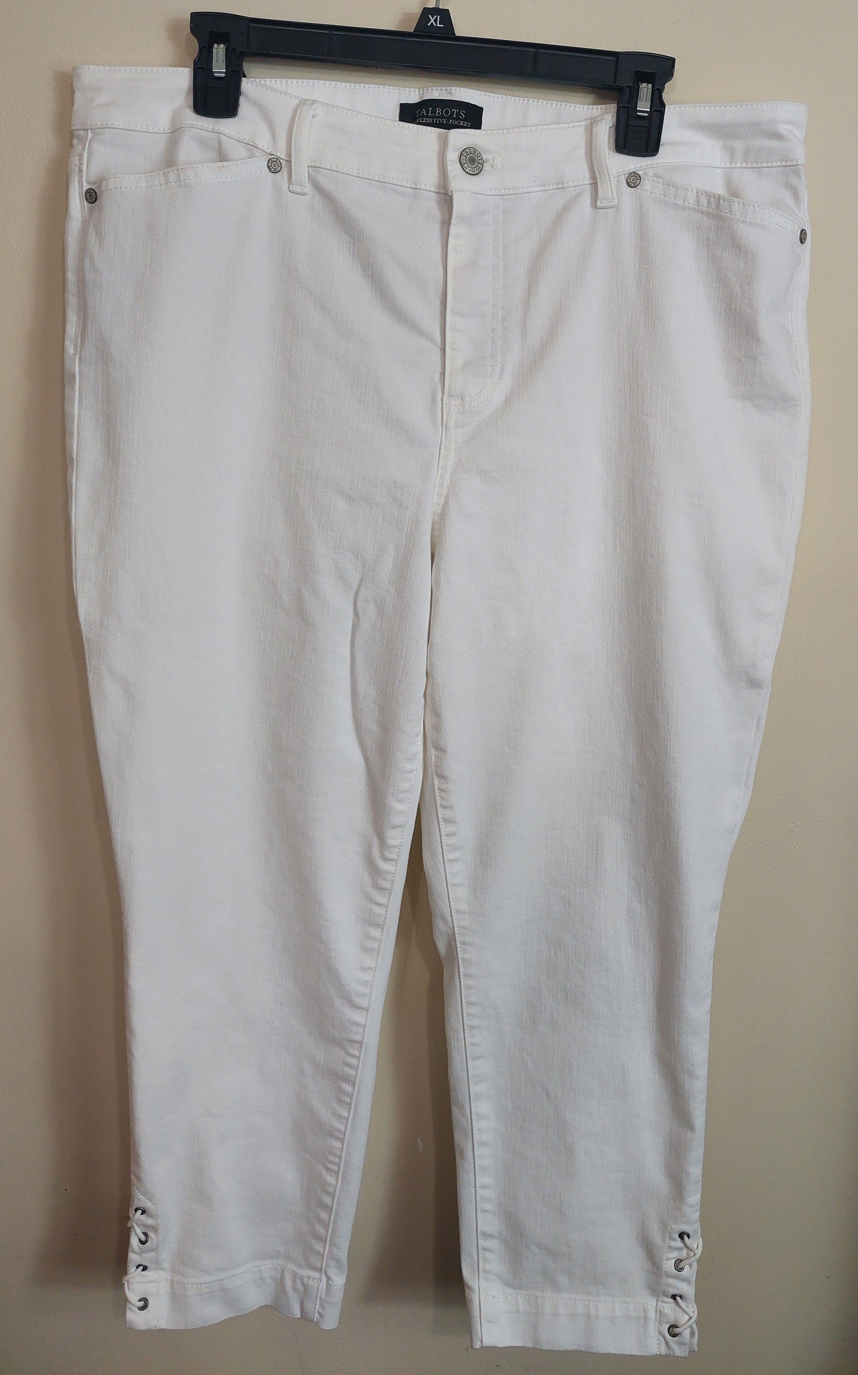 3 29 Talbots White Flawless Five Pocket crop pants Size 16 nice lace-up detail at the hem