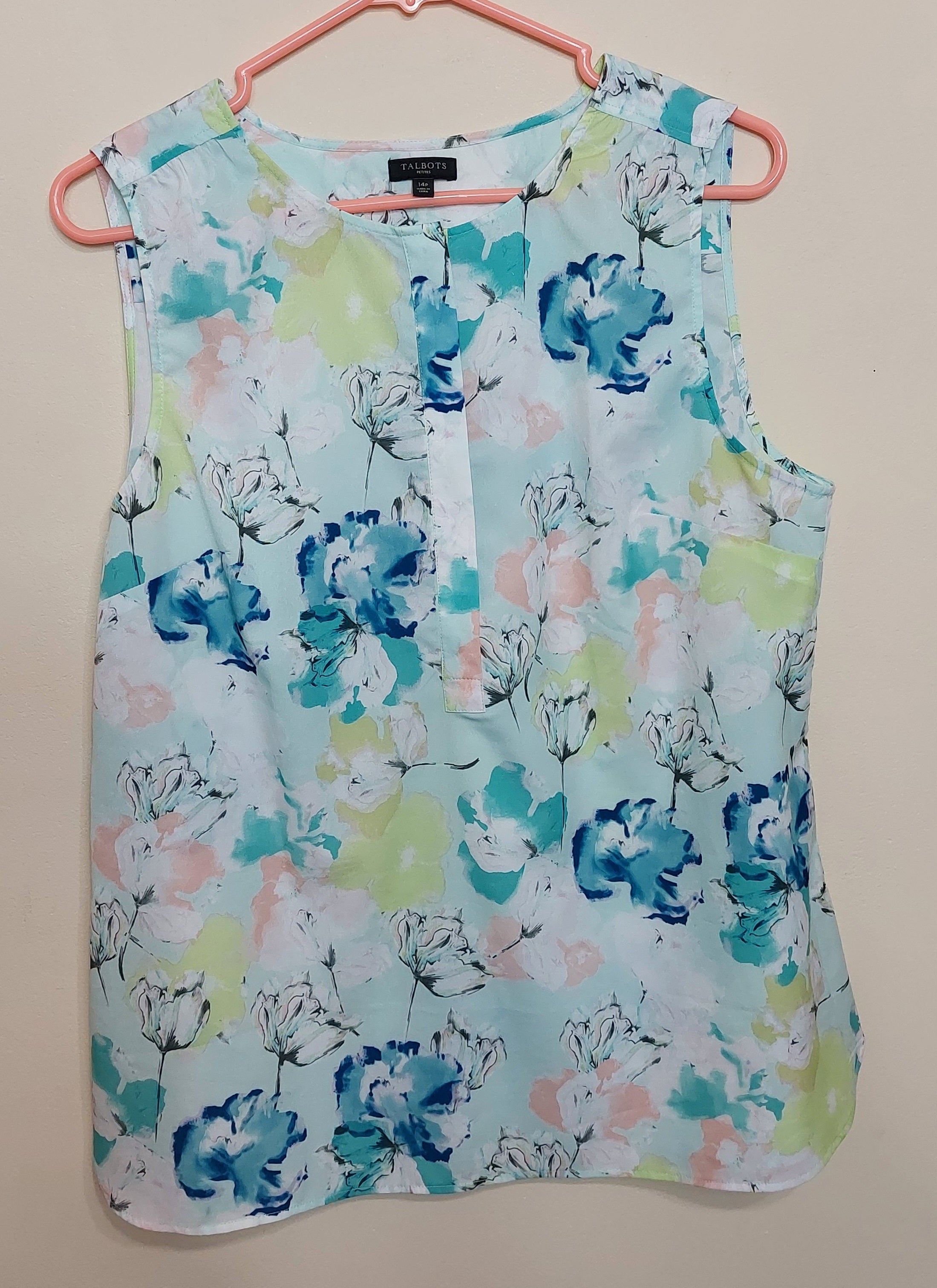 6 04 Talbots 14P Mint Blue Floral Sleeveless Blouse Womens