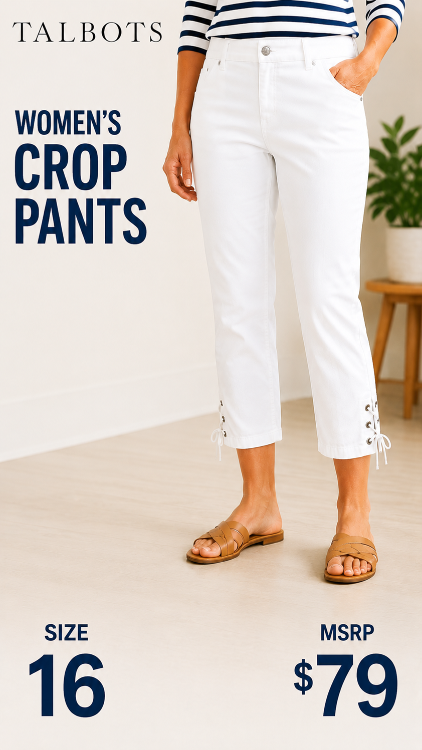 3 29 Talbots White Flawless Five Pocket crop pants Size 16 nice lace-up detail at the hem