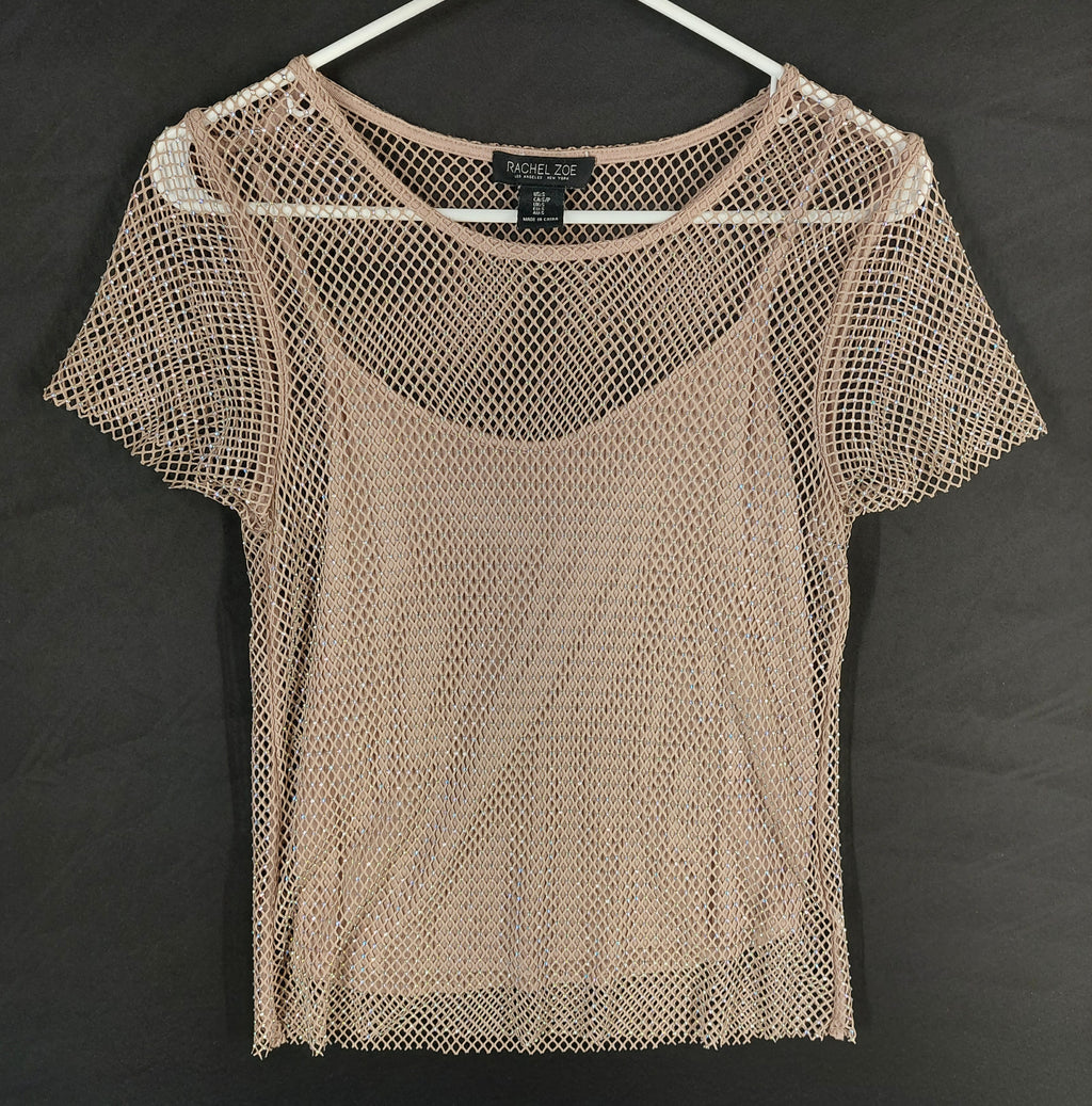 8-40 Rachel Zoe Size S Taupe Rhinestone Mesh Short Sleeve Top Sheer Sparkle