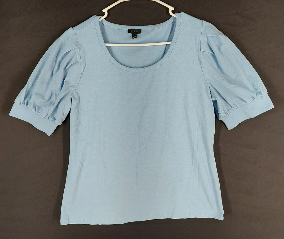 9-40 Talbots Medium Blue Puff Sleeve Scoop Neck Cotton Modal Stretch Top