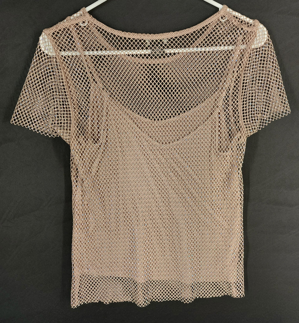 8-40 Rachel Zoe Size S Taupe Rhinestone Mesh Short Sleeve Top Sheer Sparkle