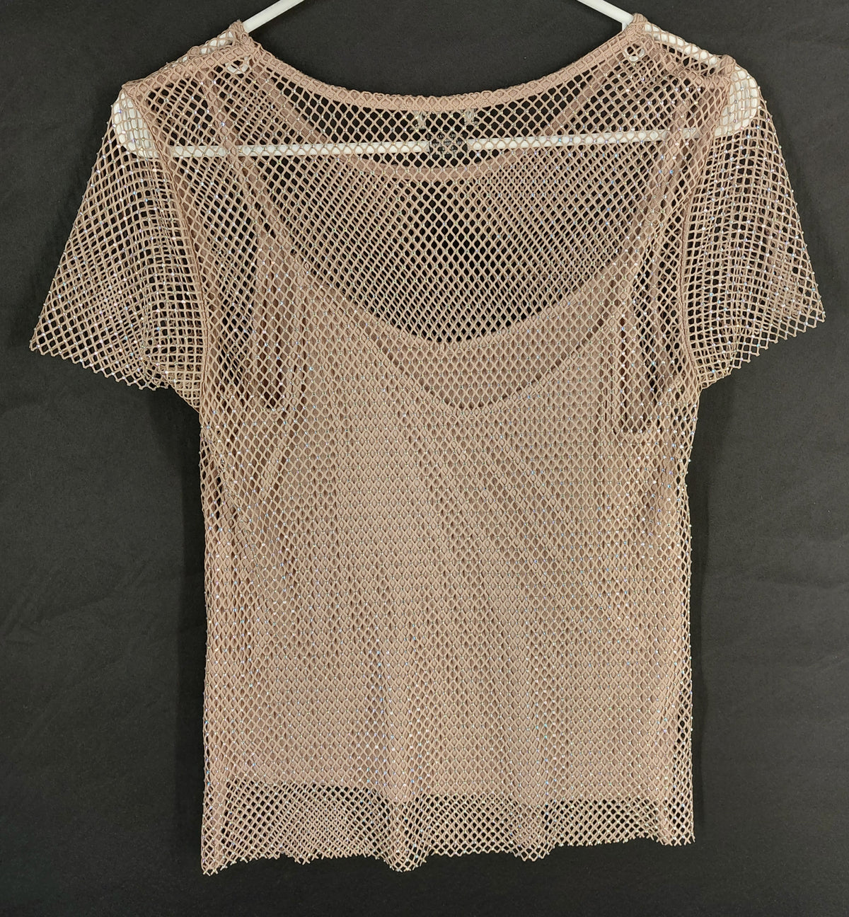 8-40 Rachel Zoe Size S Taupe Rhinestone Mesh Short Sleeve Top Sheer Sparkle