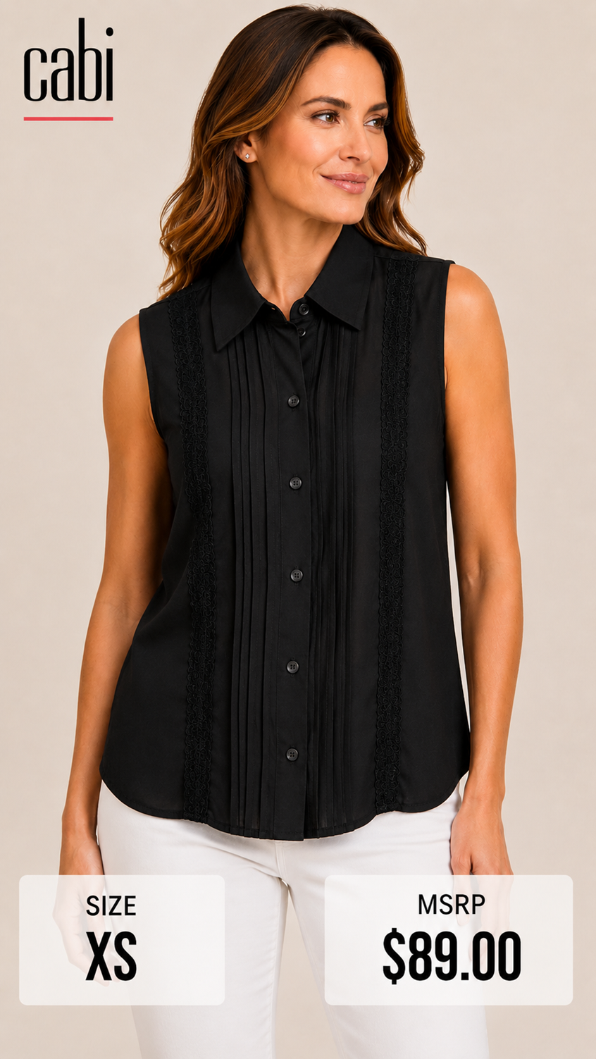 6 40 Cabi XS Black Sleeveless Pintuck Lace Trim Button Front Blouse