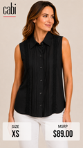 6 40 Cabi XS Black Sleeveless Pintuck Lace Trim Button Front Blouse