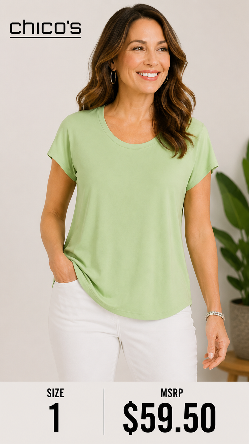 4 07 Chicos Size 1 Lime Green Short Sleeve Knit Top Relaxed Fit