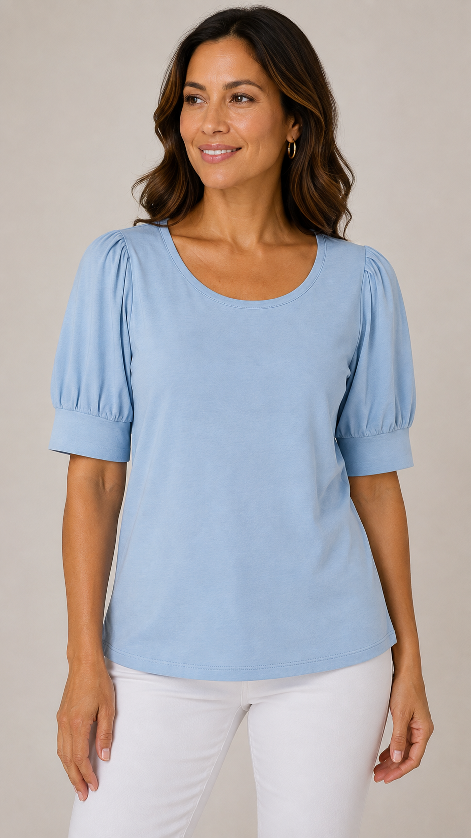 9-40 Talbots Medium Blue Puff Sleeve Scoop Neck Cotton Modal Stretch Top