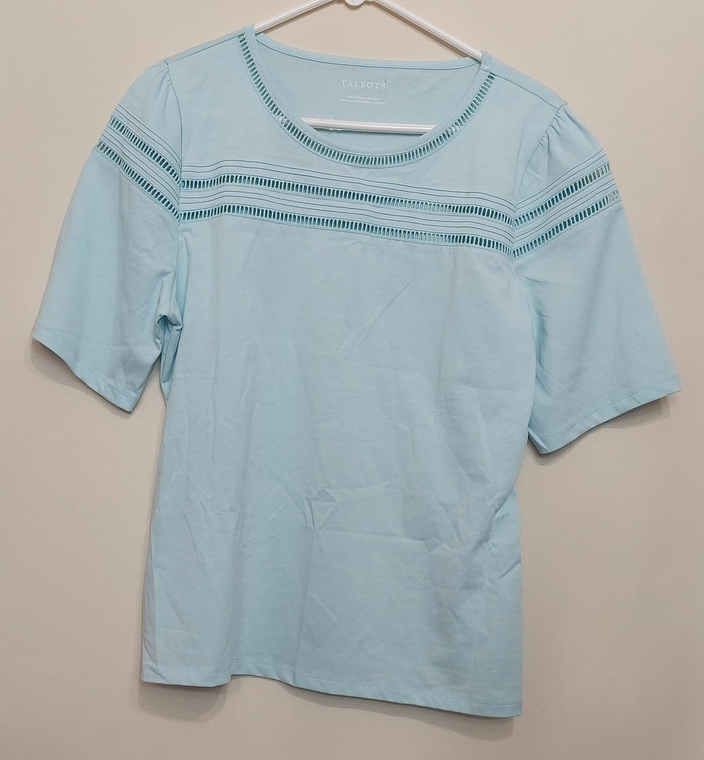 4 11 Talbots Large Light Blue Cotton Top Eyelet Trim Short Sleeve