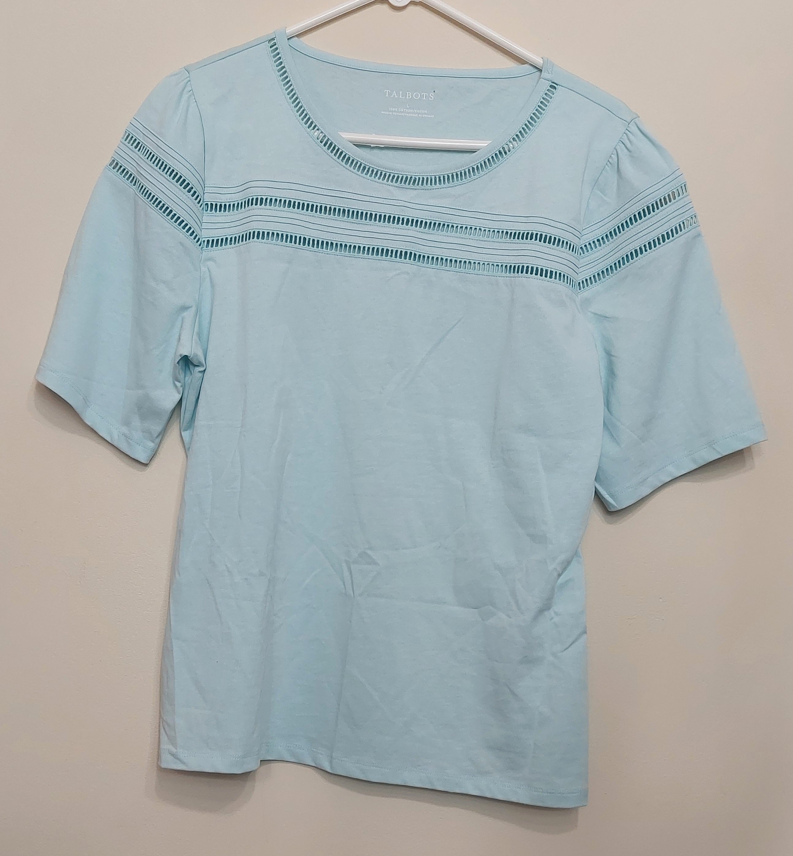 4 11 Talbots Large Light Blue Cotton Top Eyelet Trim Short Sleeve