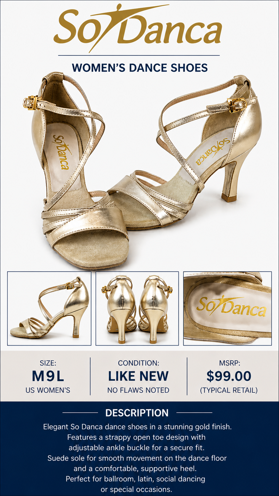 1 47 So Danca Dance Shoes Gold Finish Size M9L