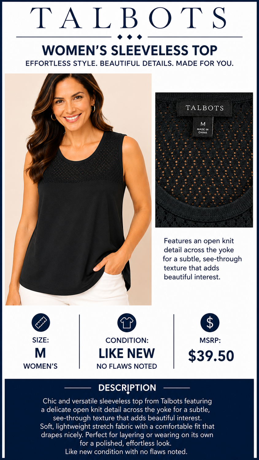 2 09 Talbots Sleeveless top Black see through design Size Medium