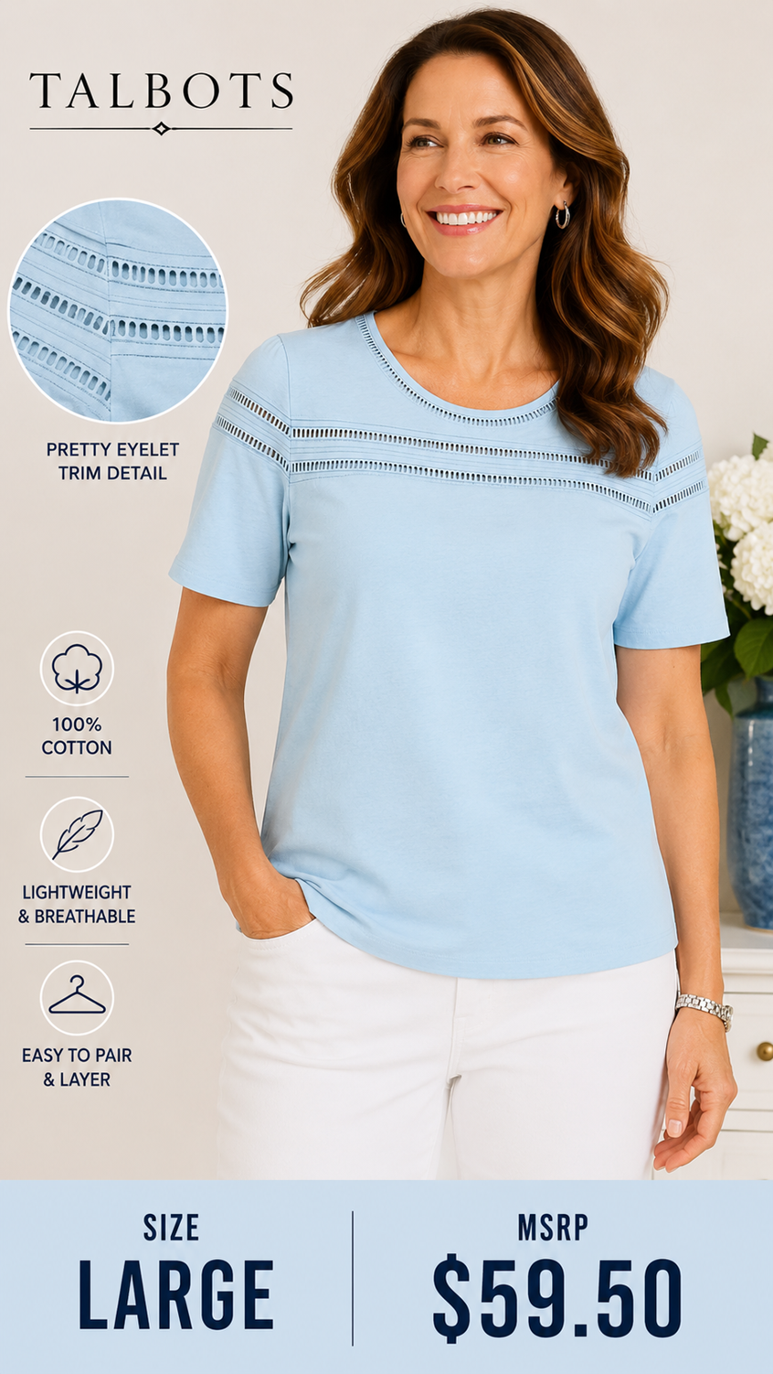 4 11 Talbots Large Light Blue Cotton Top Eyelet Trim Short Sleeve