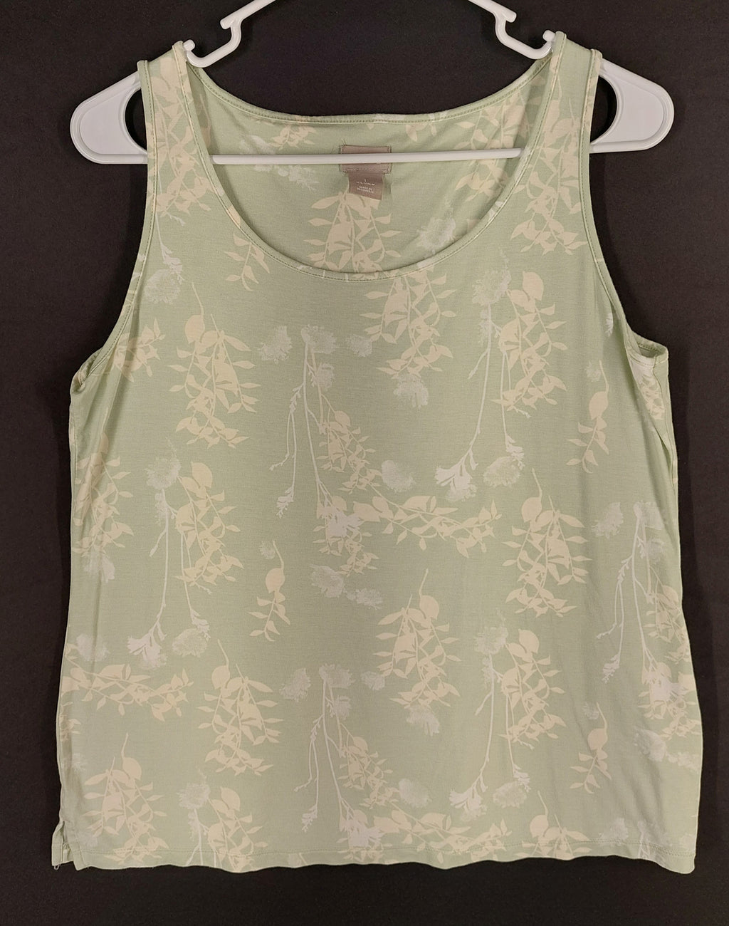 9-42 Chico’s Medium Green Floral Tank Top Rayon Stretch Sleeveless Scoop Neck