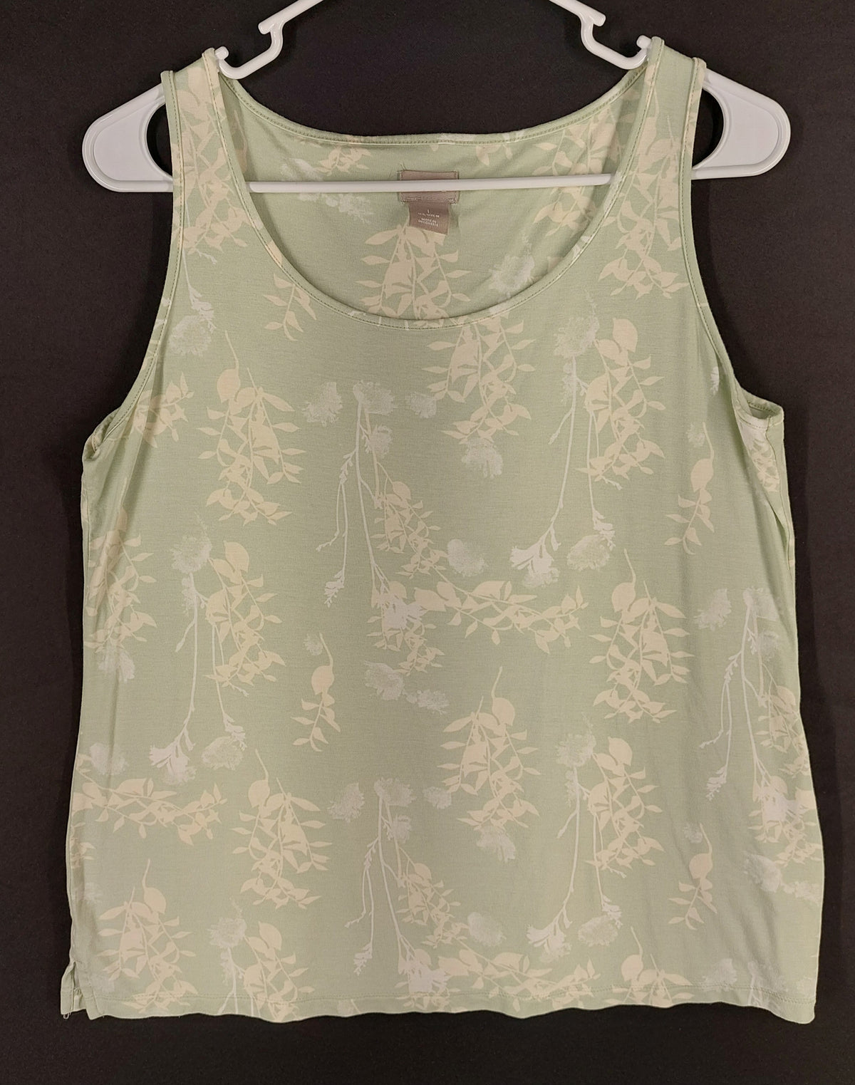 9-42 Chico’s Medium Green Floral Tank Top Rayon Stretch Sleeveless Scoop Neck