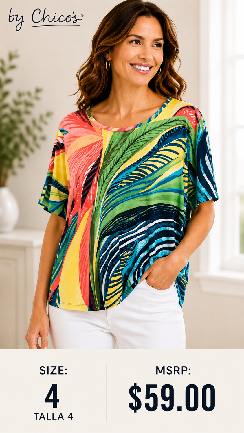 5 42 By Chicos Tropical Print Cotton Top Size 4