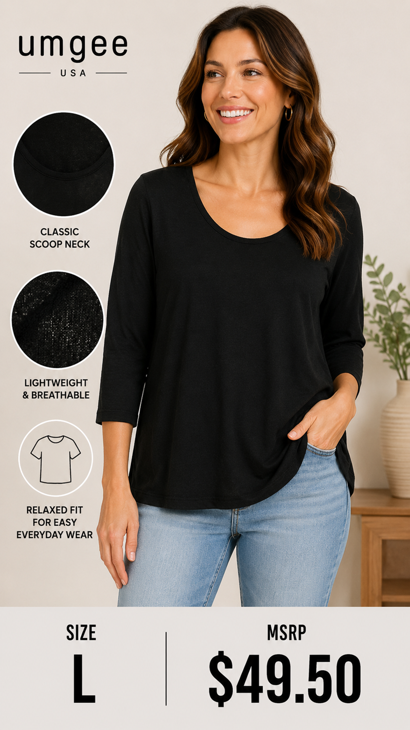 4 02 Umgee Black Scoop Neck Swing Top Three Quarter Sleeve Large