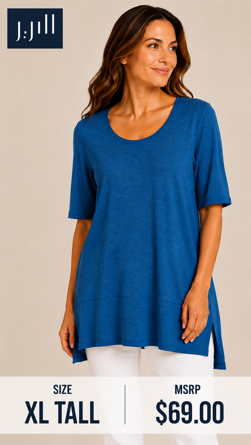6 42 J Jill Pima Cotton Tunic Top XL Tall Blue 3 4 Sleeve Side Slits