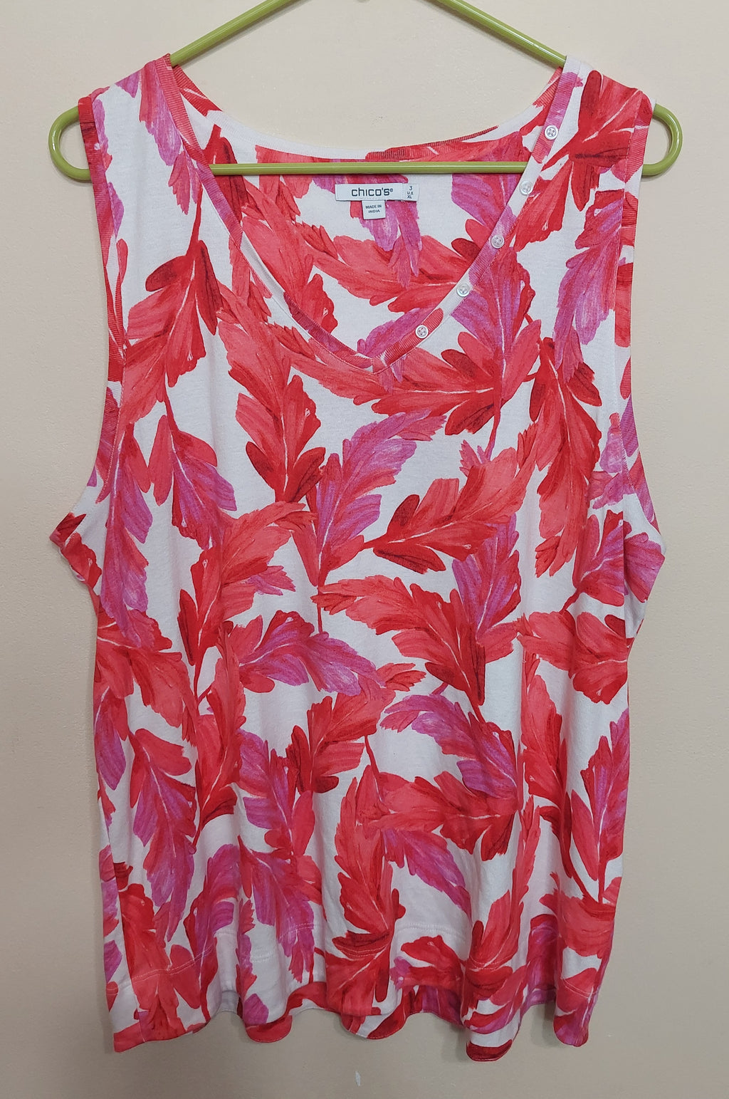 5 43 Chicos Pink Red Tropical Leaf Print Sleeveless Top XL