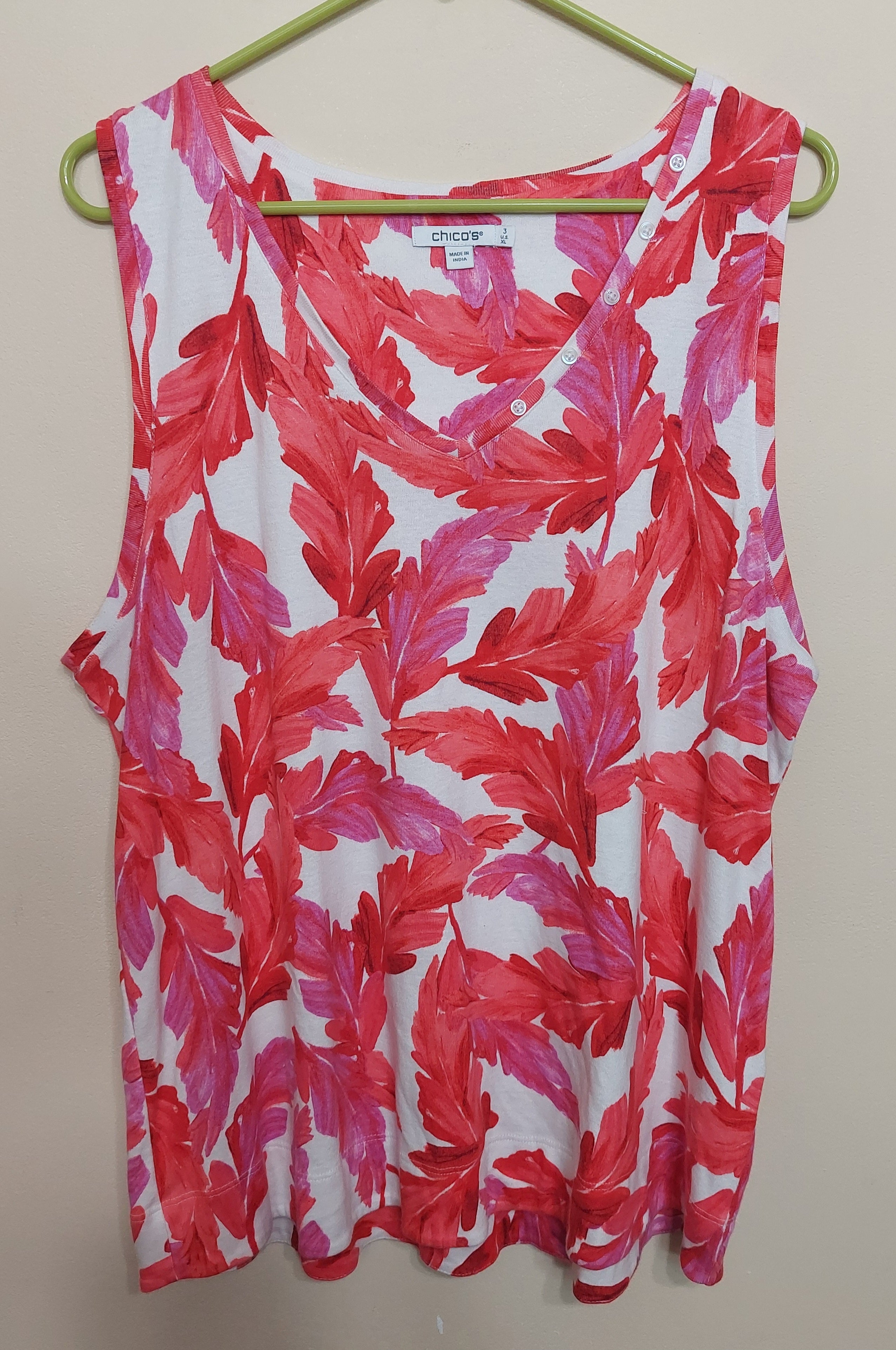 5 43 Chicos Pink Red Tropical Leaf Print Sleeveless Top XL