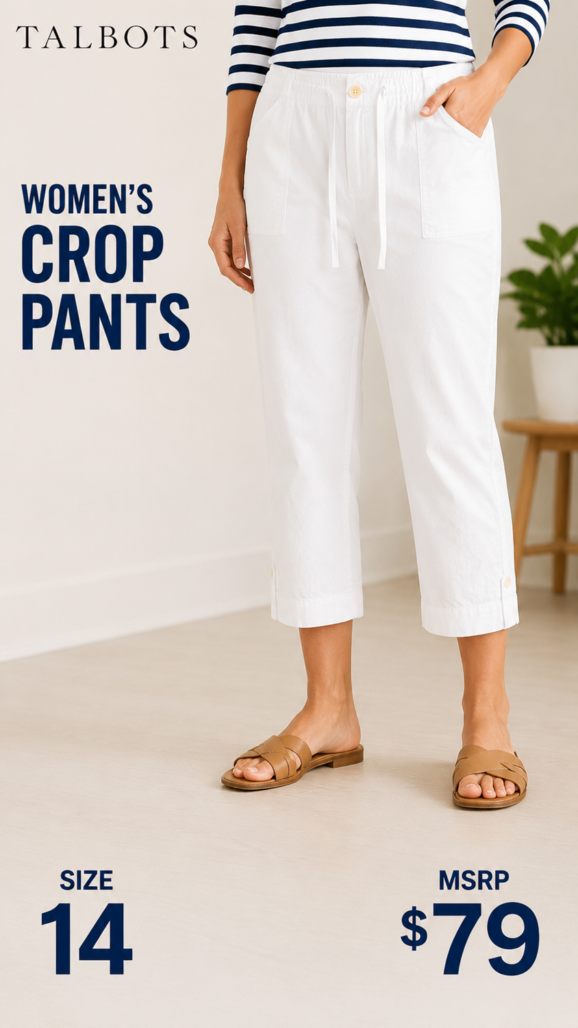 3 14 Talbots 14 Crop Pants White Pull-On Crop Pants Drawstring Waist Patch Pockets Easy summer essential with classic Talbots comfort