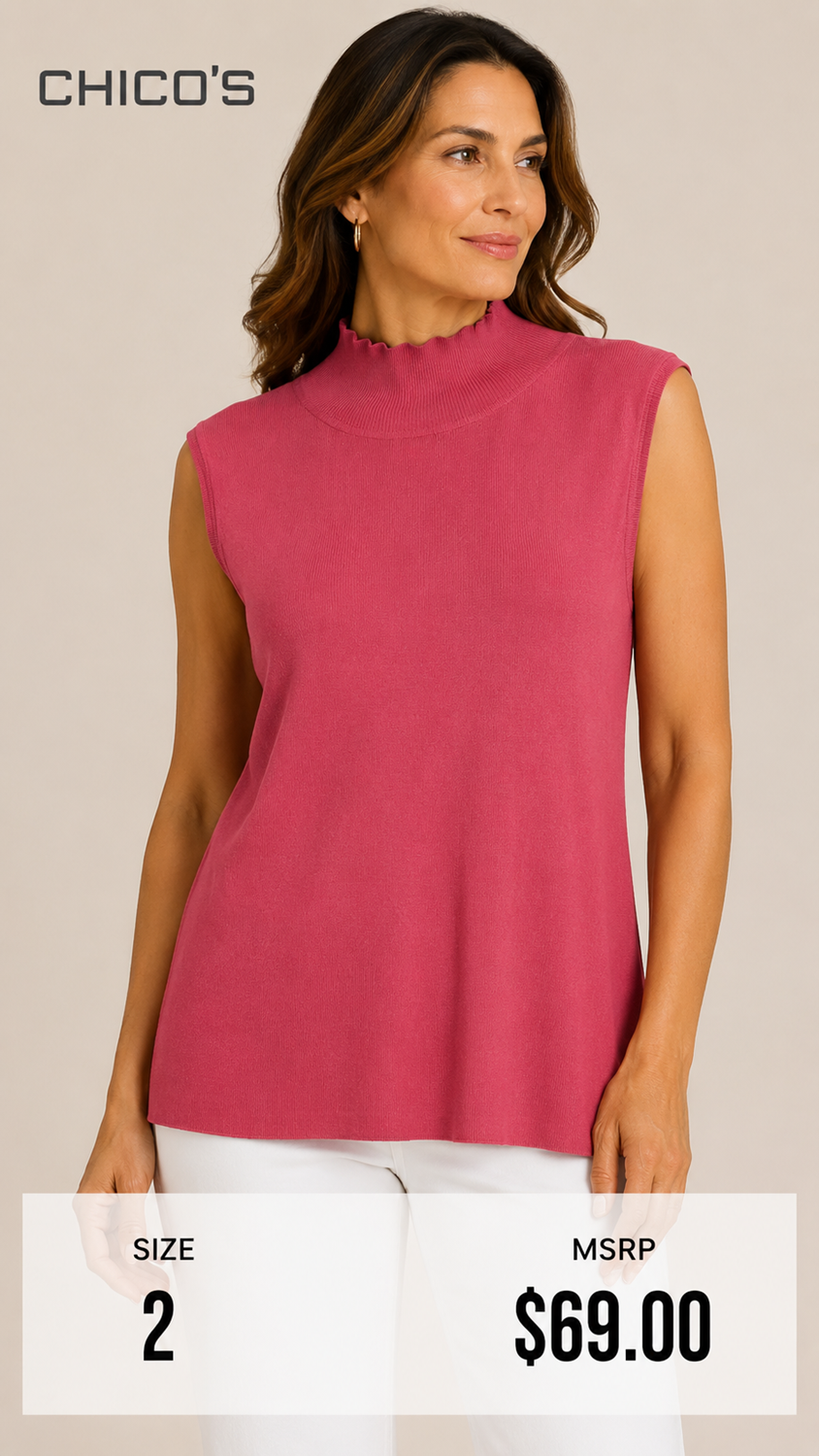 6 43 Chicos Sleeveless Mock Neck Silk Blend Sweater Size 2 Pink Coral