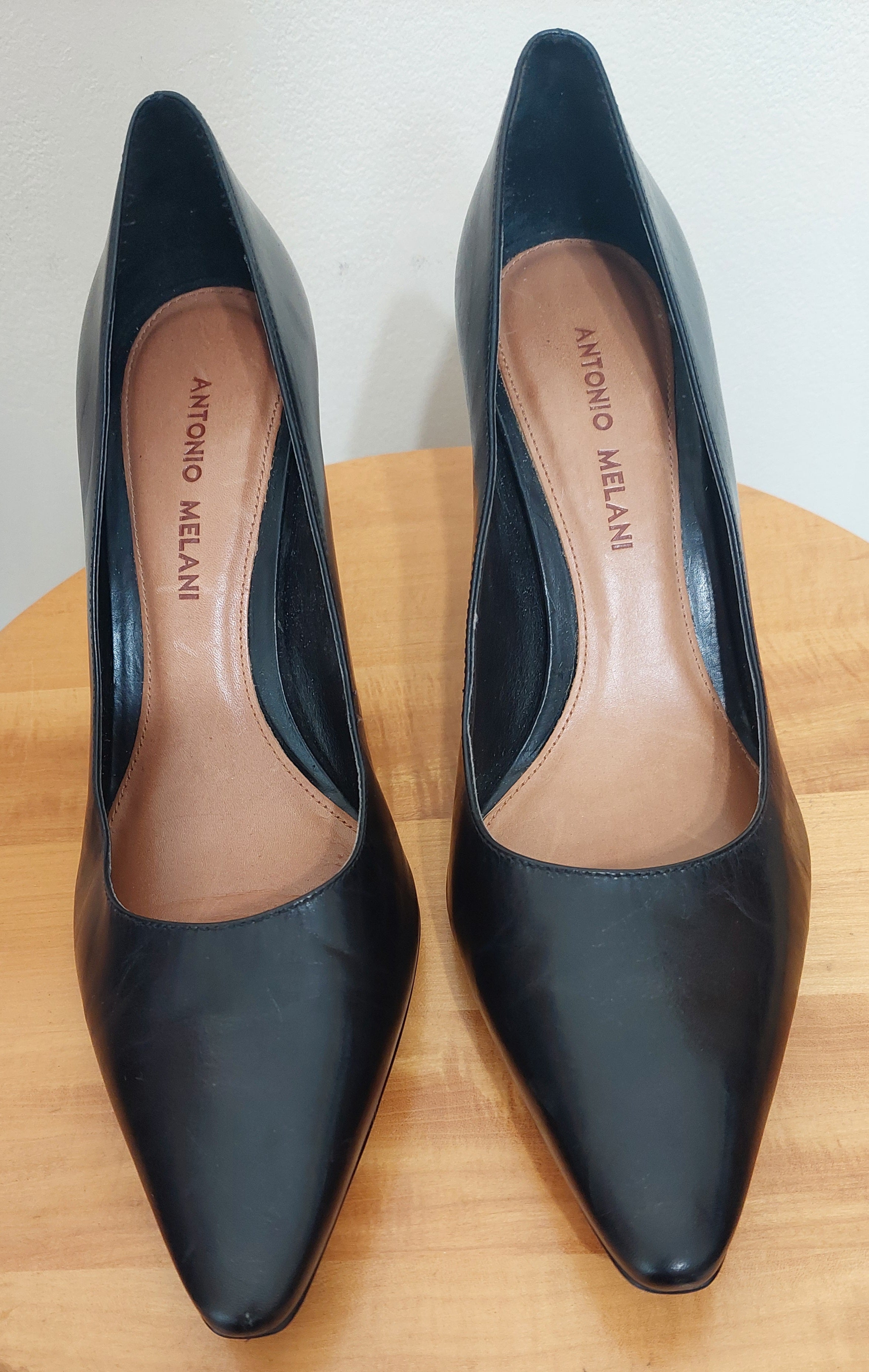 6 44 Antonio Melani Black Leather Pointed Toe Pumps Heels Size 8M