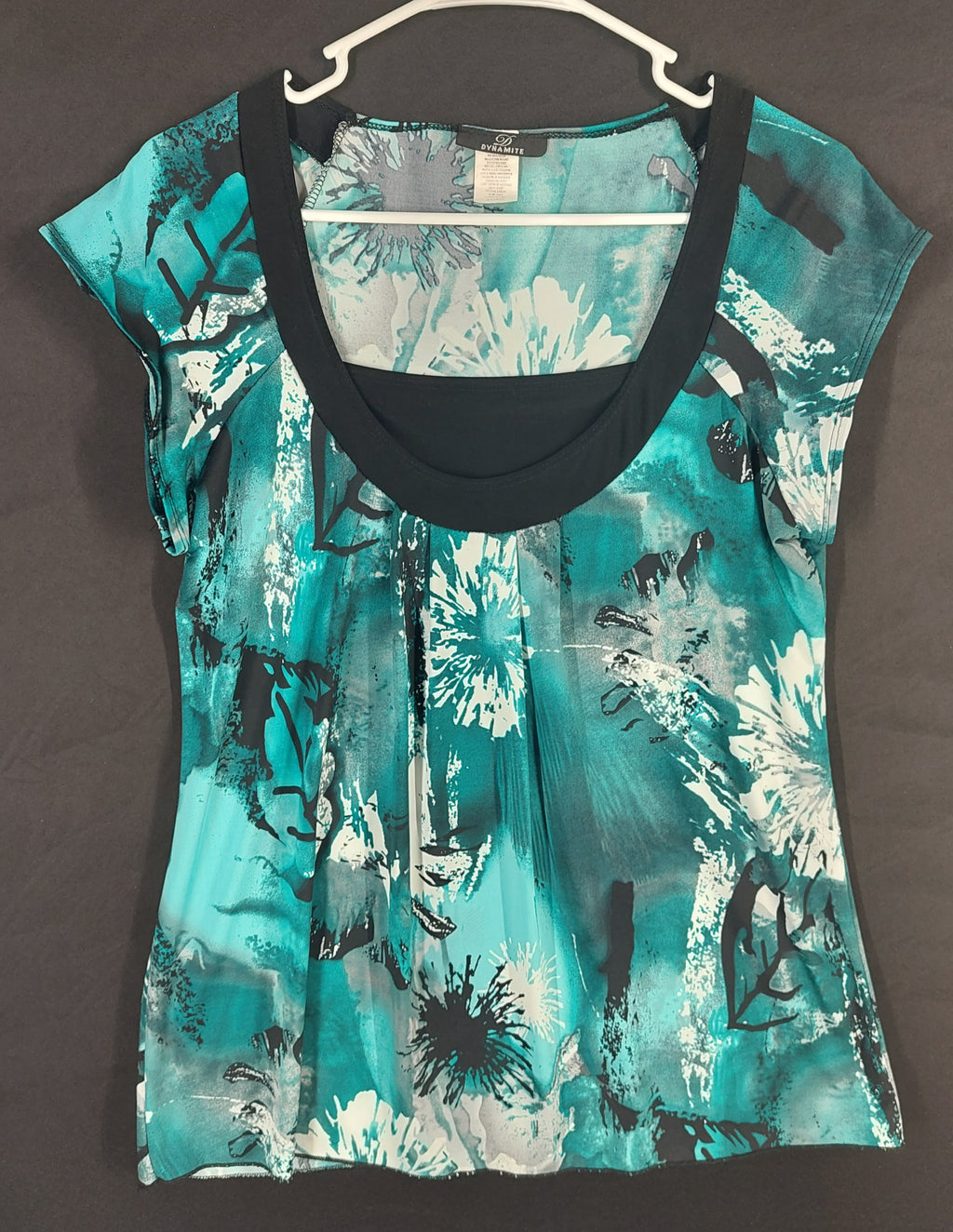 8-44 Dynamite XL Teal Black Abstract Floral Cap Sleeve Scoop Neck Top