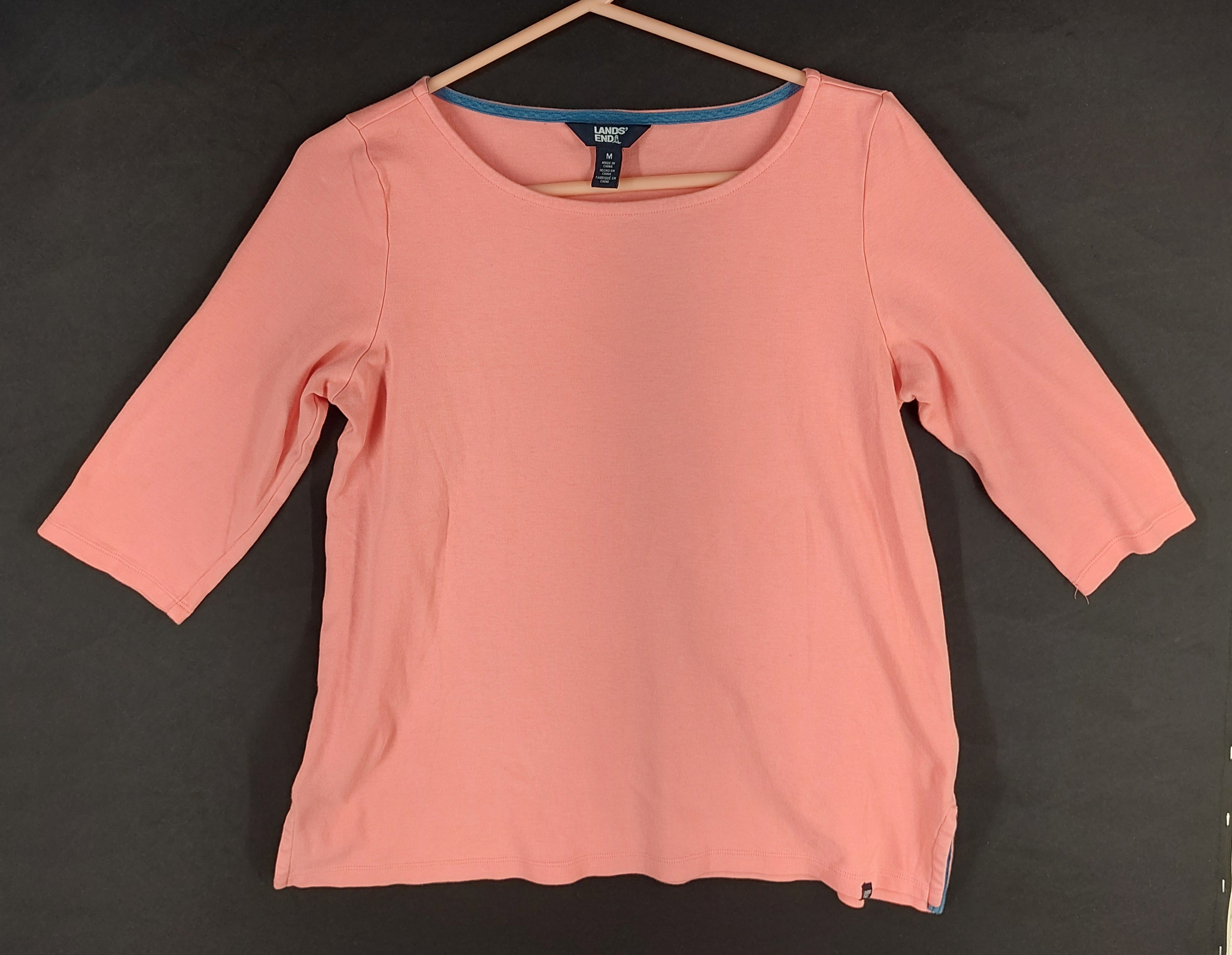 9-44 Lands' End Women's Medium Coral Pima Cotton 3/4 Sleeve Boat Neck Top