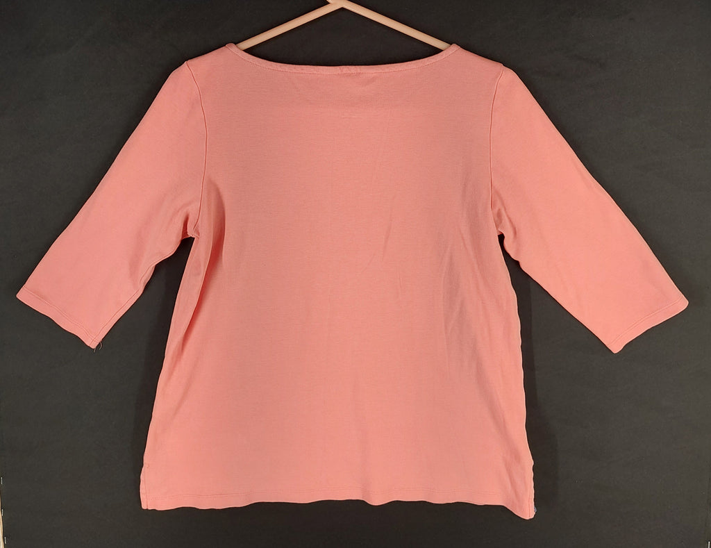 9-44 Lands' End Women's Medium Coral Pima Cotton 3/4 Sleeve Boat Neck Top
